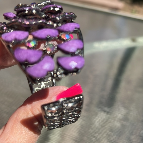 Purple Floral Statement Cuff Bracelet – Rhinestones & Enamel, Vintage Style - Picture 3 of 4